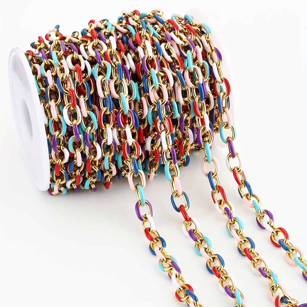 

304 Stainless Steel Multicolor Enamel Chain Rolo Cable Open Link Chunky Chains, Diy Jewelry Making Supplies For Women's Necklaces, Bracelets, And Handbag Decoration Accessories - 1 Meter