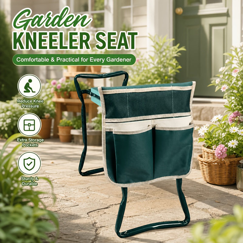 Image of Collapsible Garden Kneeling Stool And Tool Bag - Portable Outdoor Garden Kneeling Cushion And Seat For Patio Planting And Lawn Care, Sturdy , Non-slip Feet