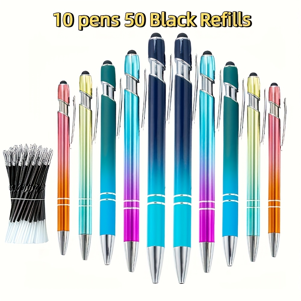 Image of 60pcs Multicolor Stylus Retractable Pens 10 Ballpoint Pens 50 Pen Refills Plastic Diy Bling Pens Cool Shaf Black Ink For Making Party Office
