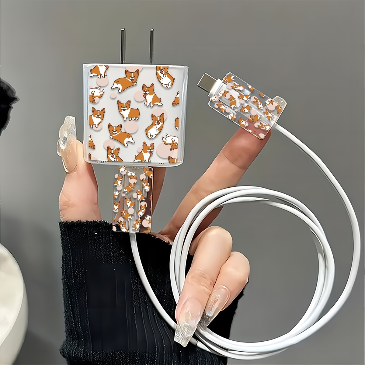 

Corgi Dog Pattern 3-piece Set, 18w/20w Transparent Charger Protector For Iphone 13/14/15, Tpu Cable Organizer With Charging Head Protection, Gift-ready Charger Cover Kit