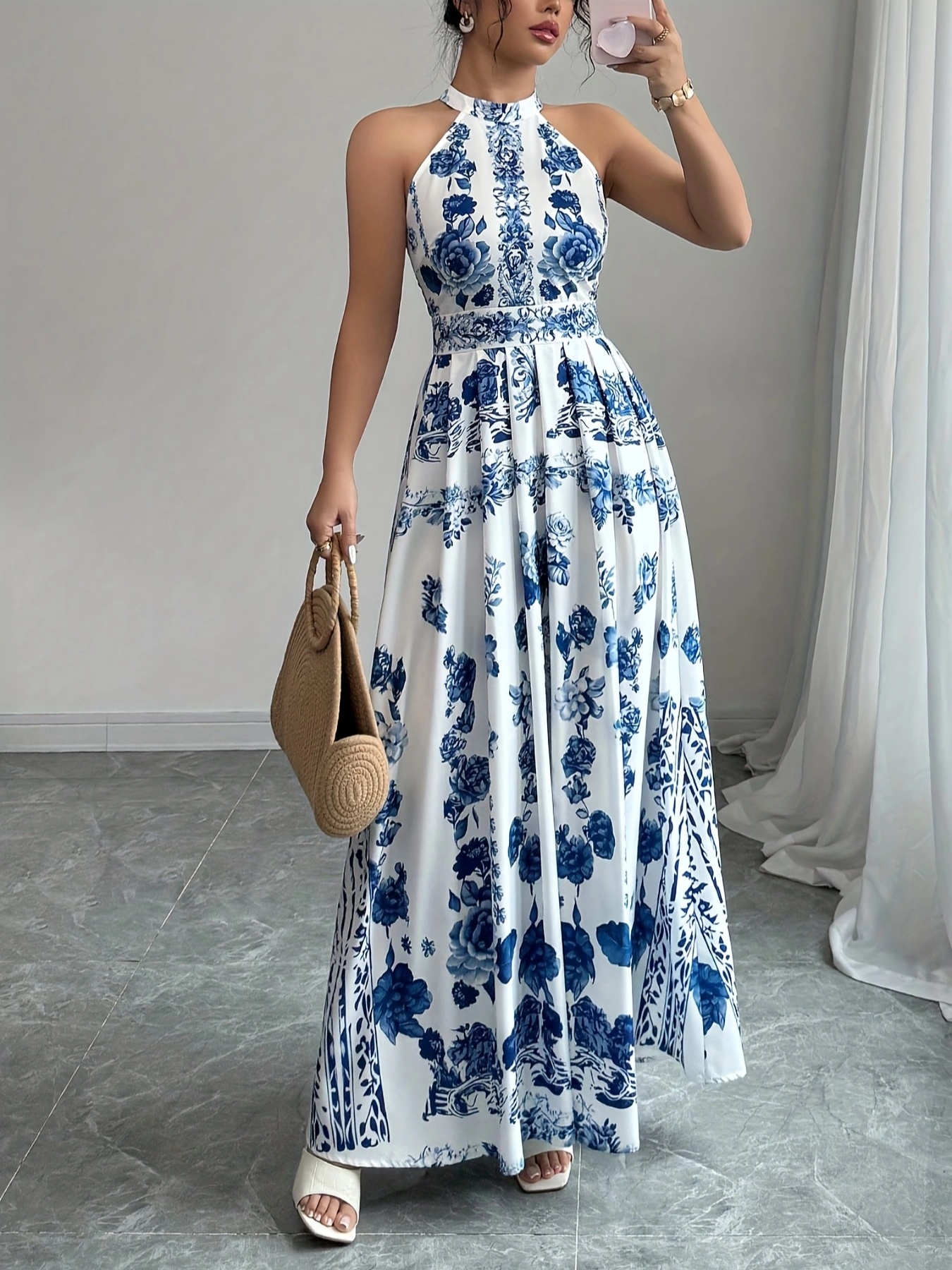 womens elegant sleeveless floral print dress blue white a line summer dress with stand up collar machine washable polyester regular fit for casual festive occasions mixed color 0