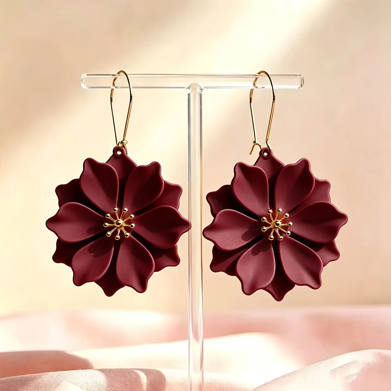 TEMU 2pcs Vintage Wine --dimensional Flower Earrings, Matte Resin Metal Elegant Drop Earrings, Women's Commuting/dating/festive Atmosphere Ear