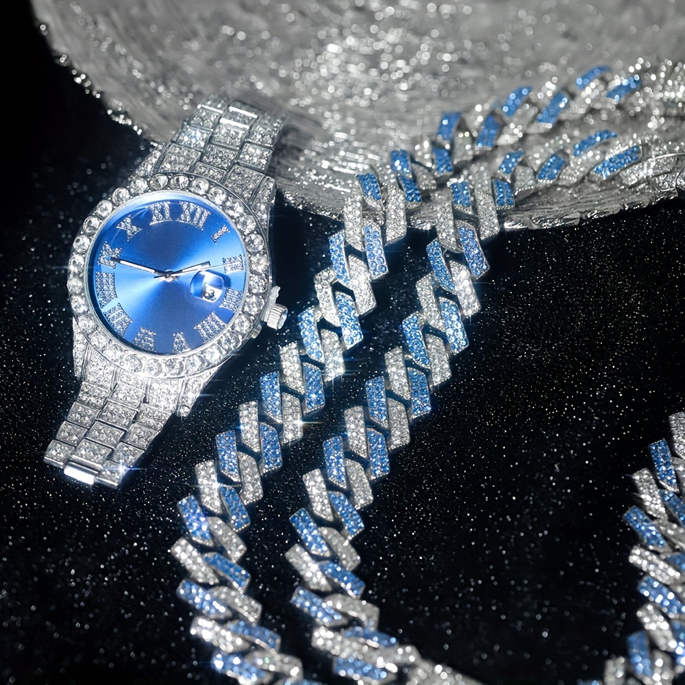 3pcs Hip-hop Watch Jewelry Set Iced Out Punk Blue&Silver Cuban Chain+Bracelet Inlay Rhinestone Watch for Men Women Trend Party Gift, ZONGSIA