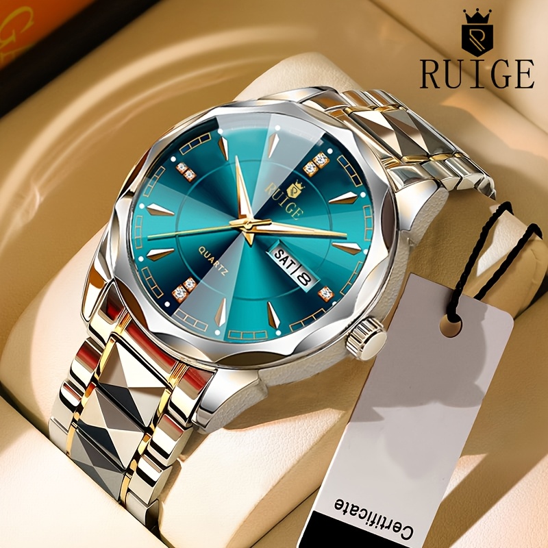 TEMU Ruige Men's Fashion Trend Quartz Watch Night Light Dual Calendar, Diamond Shaped Watch Mirror, Stainless, Alloy Strap, Business Leisure, Ideal Gift For Father's Day