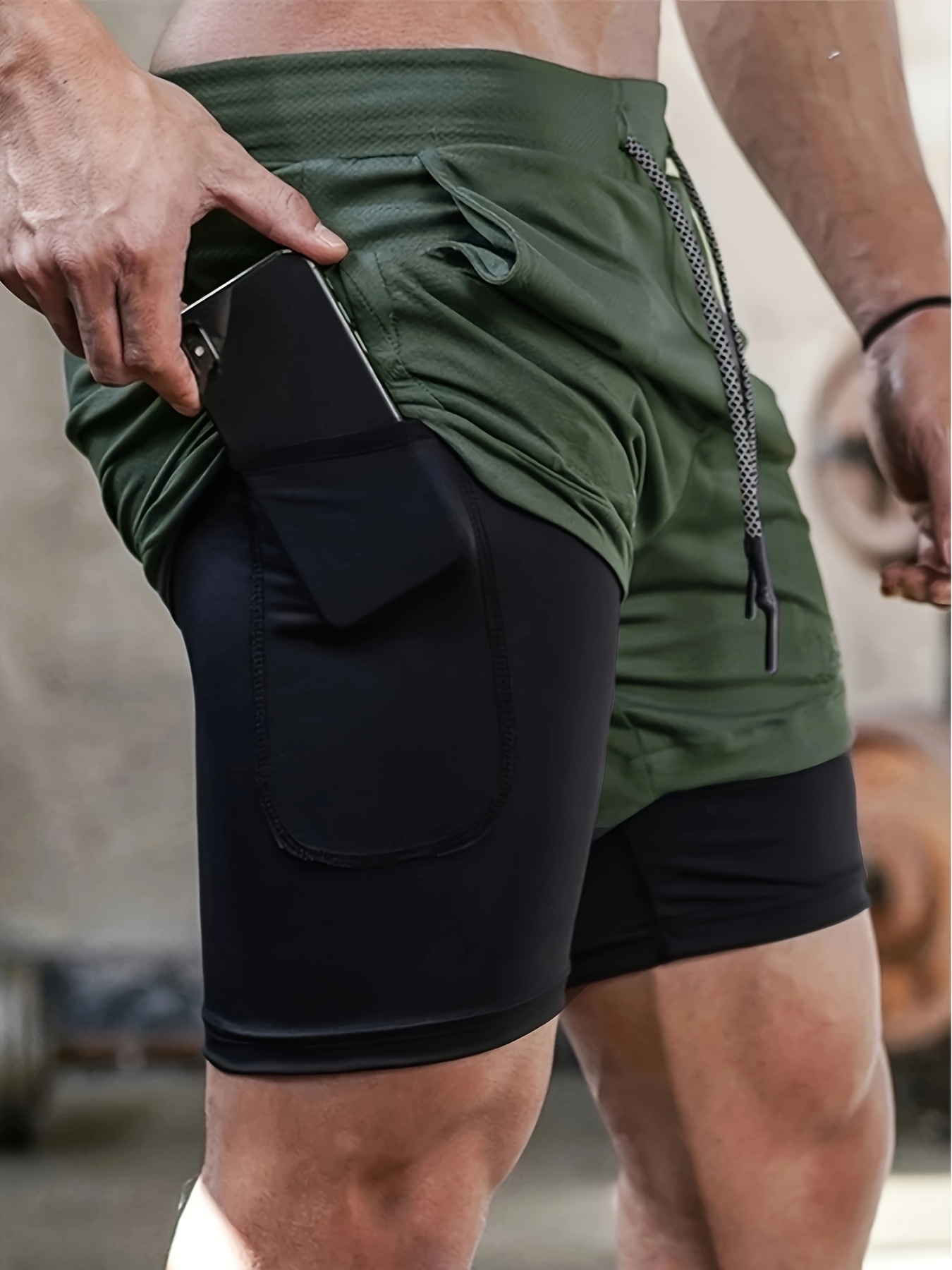 2-in-1 Double Layer Shorts With Inner Pocket, Men's Fashion Stretch Sports Shorts For Summer Gym Workout Training