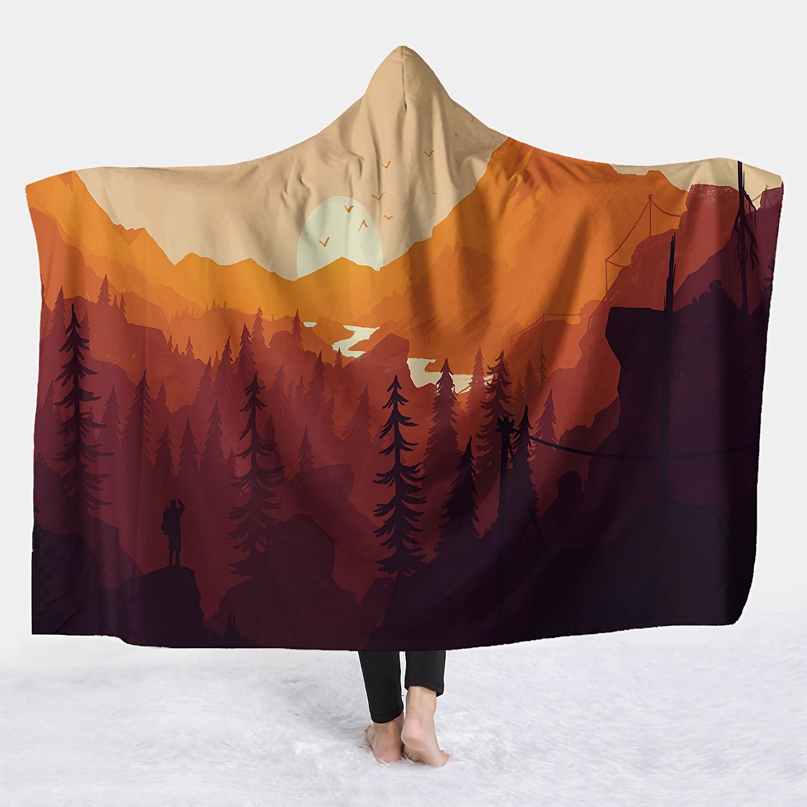 

1pc Cozy Camping-themed Hooded Blanket - Soft, Warm Flannel Throw With Sunset , Machine Washable, 250-300g - Ideal For Sofa, Bed, Office, And Travel