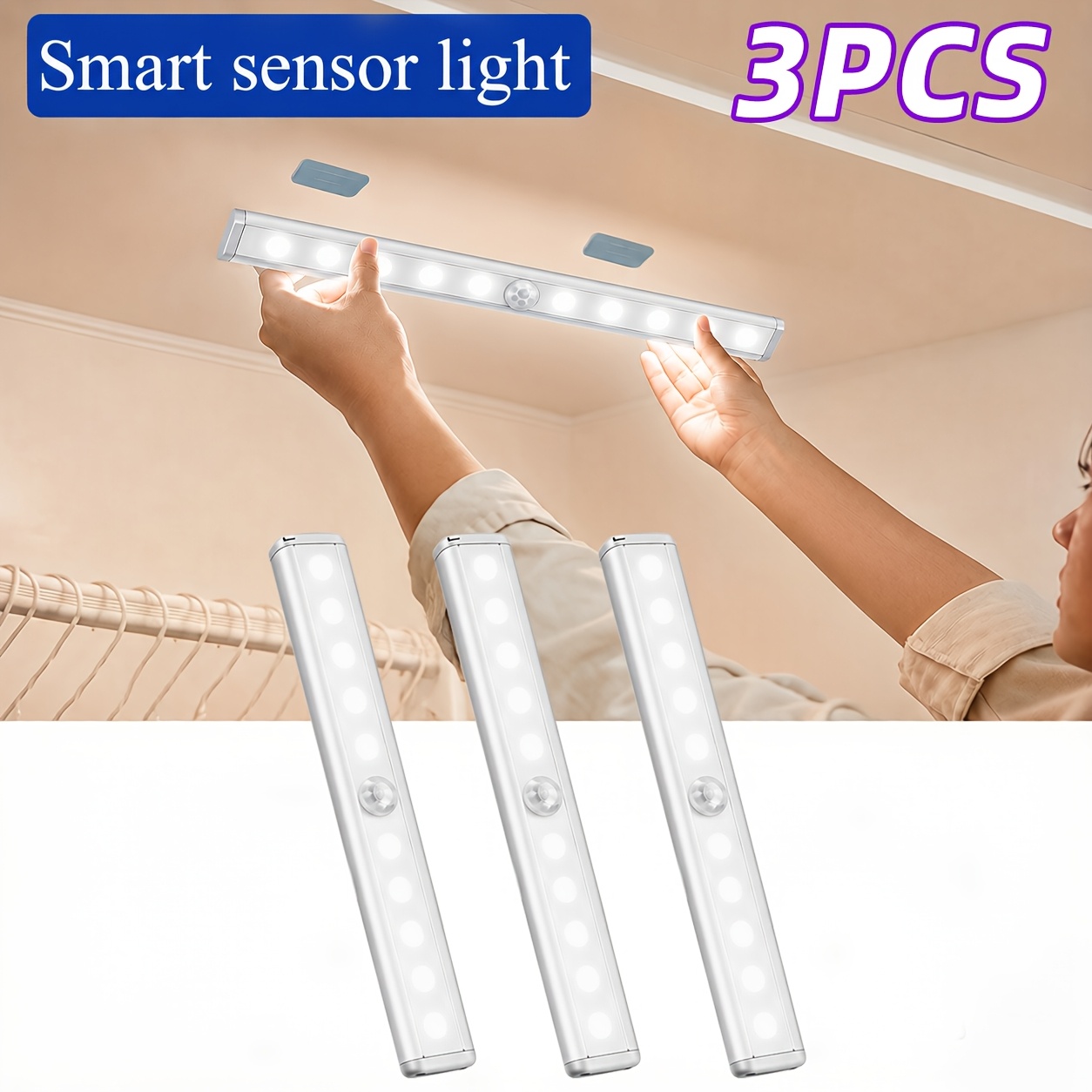 TEMU Lot de 6/3 (Convient pour 6 appareils/3 canaux) Lumières LED sous meuble à détecteur de mouvement, Lumières de placard fil magnétiques et à