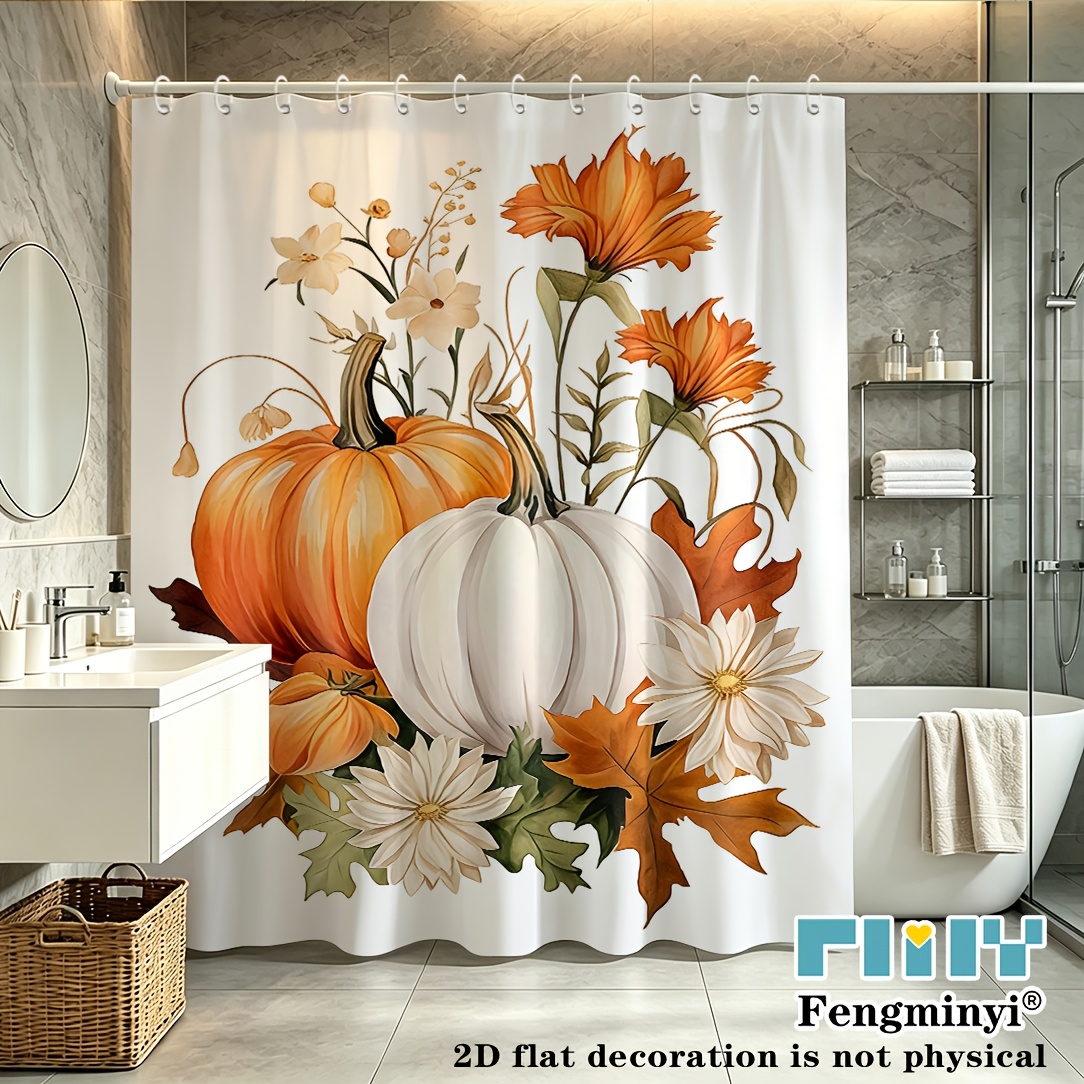 TEMU 2d Flat, 2d Flat, 2d Curtain 1pc, Pumpkin And Floral Shower Curtain, Feel, Polyester Fabric, Decor, Autumn Bathing Atmosphere, Machine Washable,
