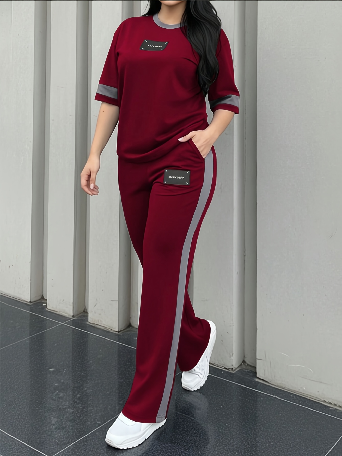 womens new elegant casual round neck short sleeve color block   comfortable t shirt and casual comfortable long pants 2pcs set lldx