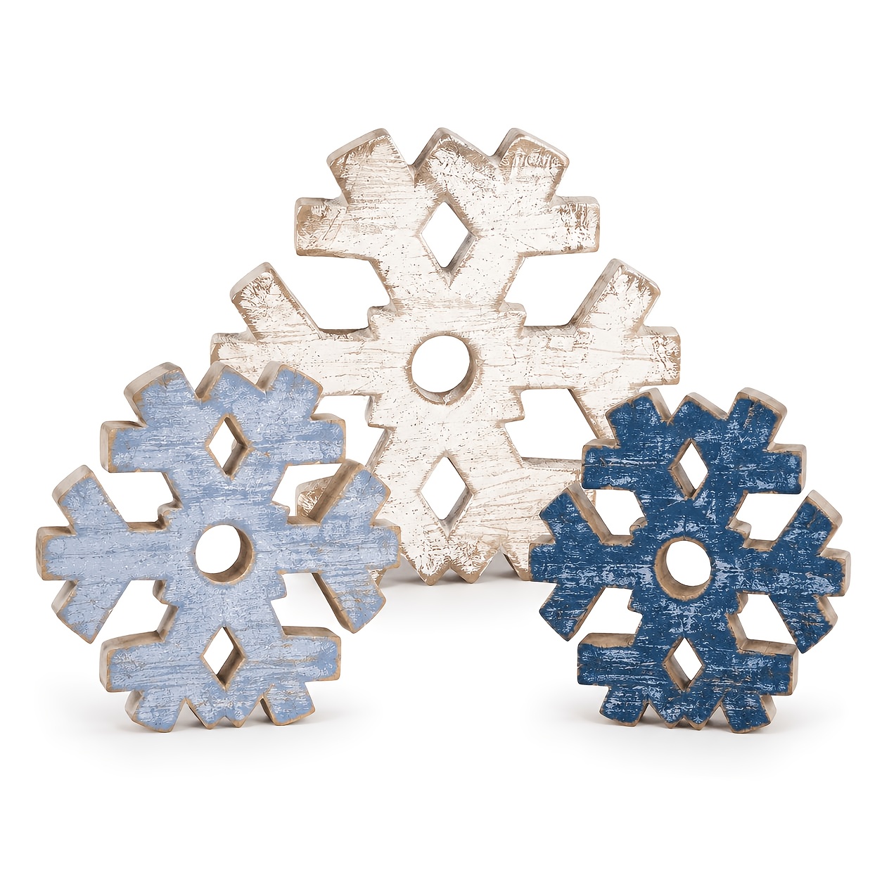TEMU 3pcs Rustic Farmhouse Winter Snowflake Centerpiece - Neutral Artificial Wood Table Decor With Layered Tray Suitable For Christmas Tables,