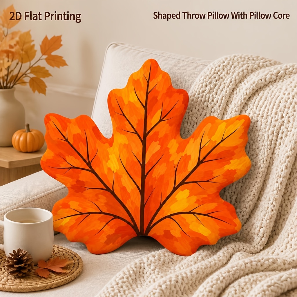 TEMU Autumn Maple Leaf Shaped Throw Pillow Warm Hand Painted Style For Sofa Bedroom Home Decor 2d Flat Printing Shaped Stuffed Throw Pillow