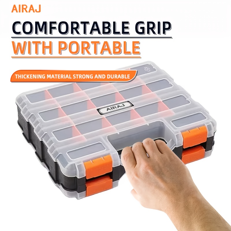 

Airaj Professional Toolbox - Orange Plastic Organizer With Bin Compartments For Hardware, Screws, Bolts, Nuts, Nails, Tools, Arts