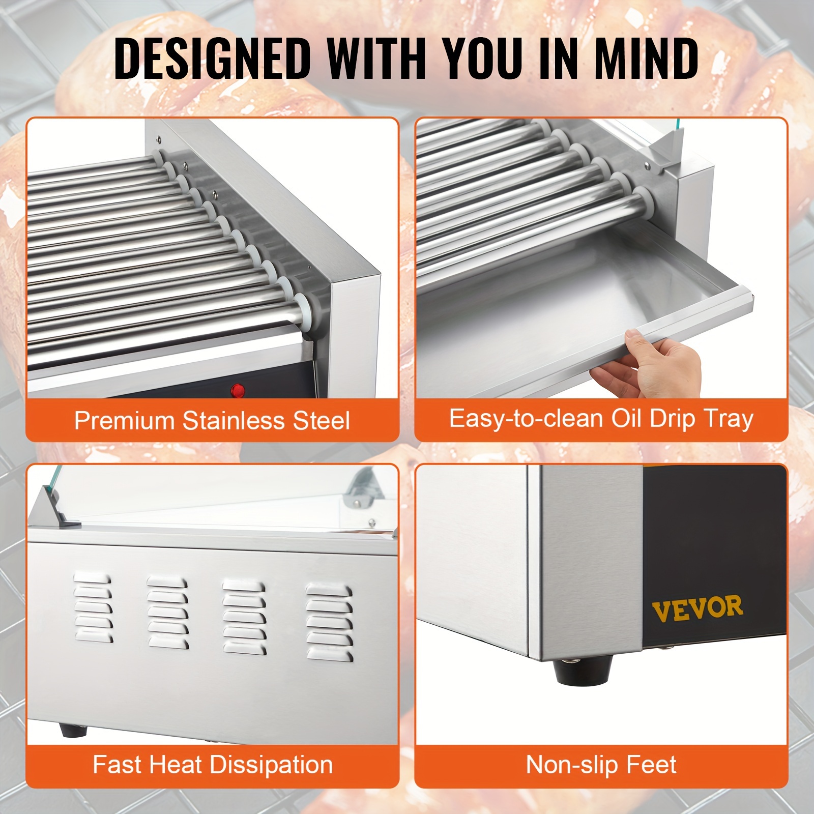  hot dog roller 11 rollers 30 hot dogs capacity 1650w stainless sausage grill cooker machine with hood acrylic cover bun warmer shelf removable drip tray etl certified details 4