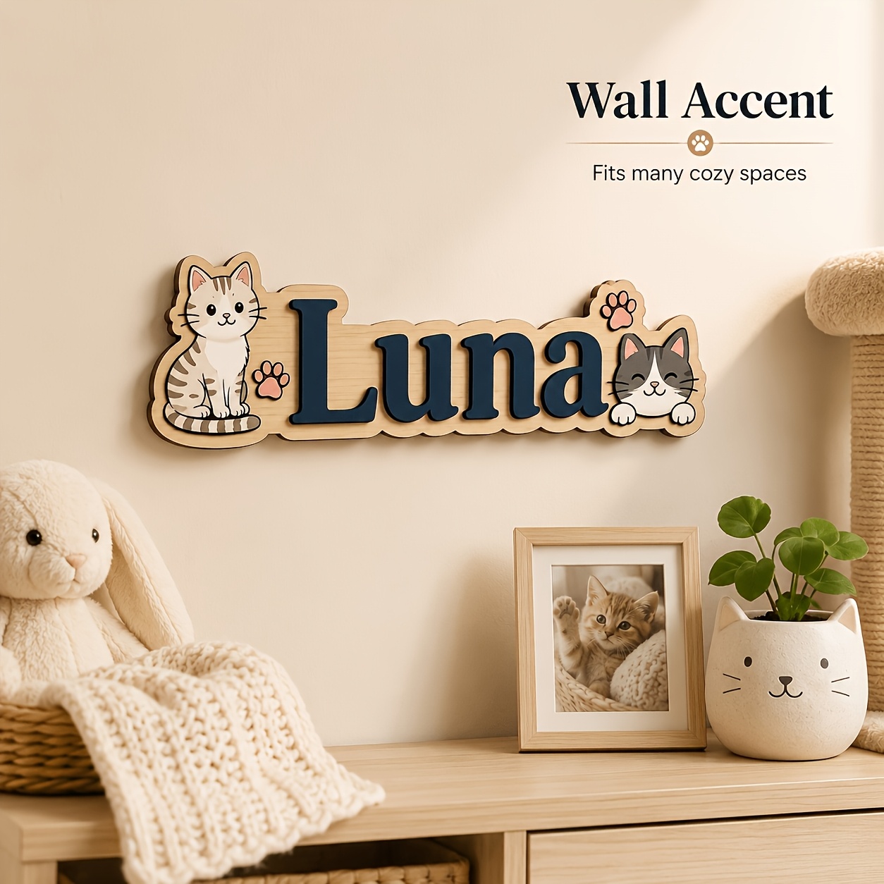 TEMU 1 Personalized Custom Kitten Wooden Nameplate, Cat-themed Home Wall Decor, Multiple Color Options, Layered Lettering Effect, Self-adhesive Back,