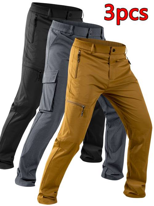 3pcs mens fashion outdoor long pants quick dry breathable fabric multi elastic waistband zippered pockets ideal for travel hiking and everyday activities