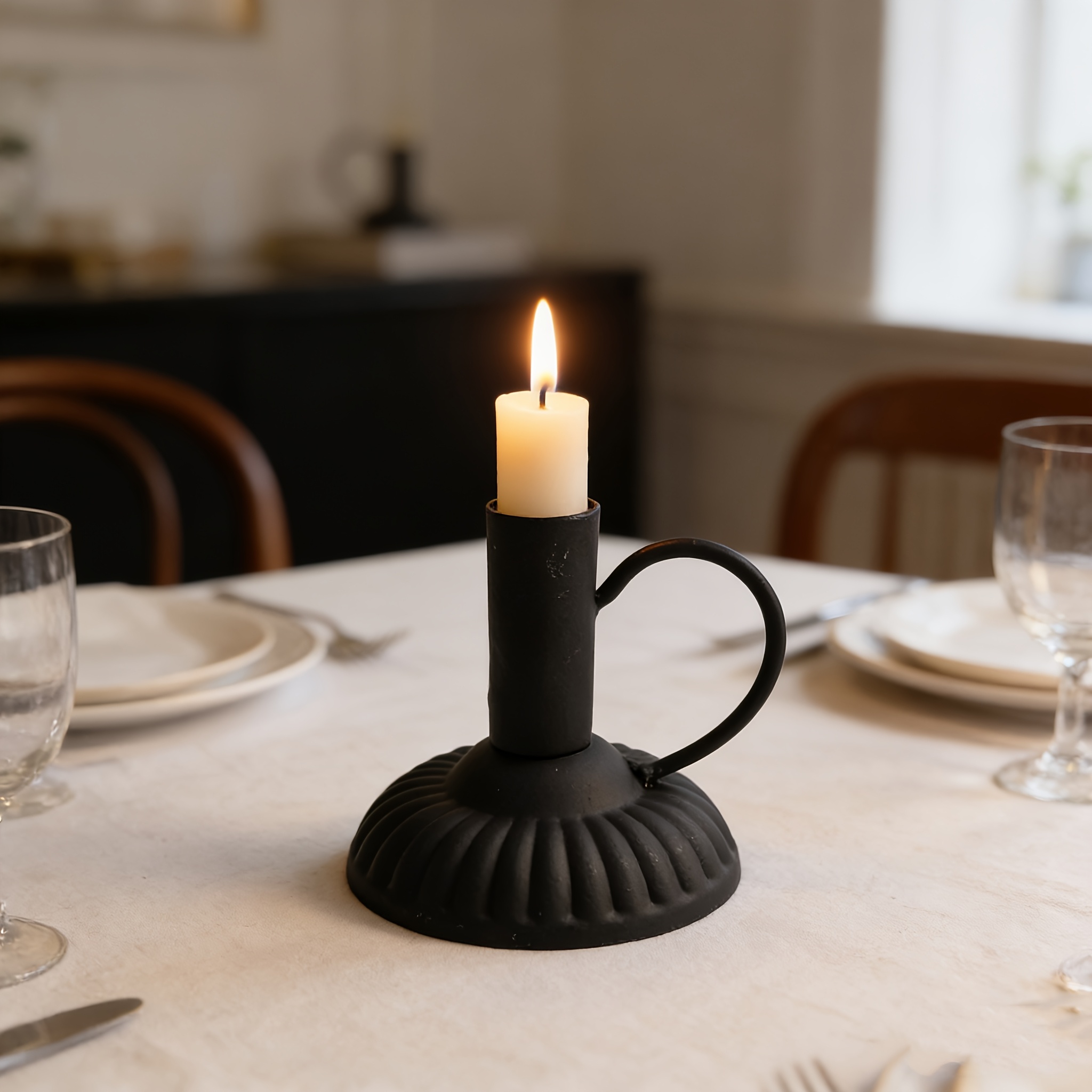 TEMU Black Vertical Stripe Base Hand-held Candlestick, European-style Retro Wrought Iron Candle Holder, Luxury Desktop Candlestick Ornaments,