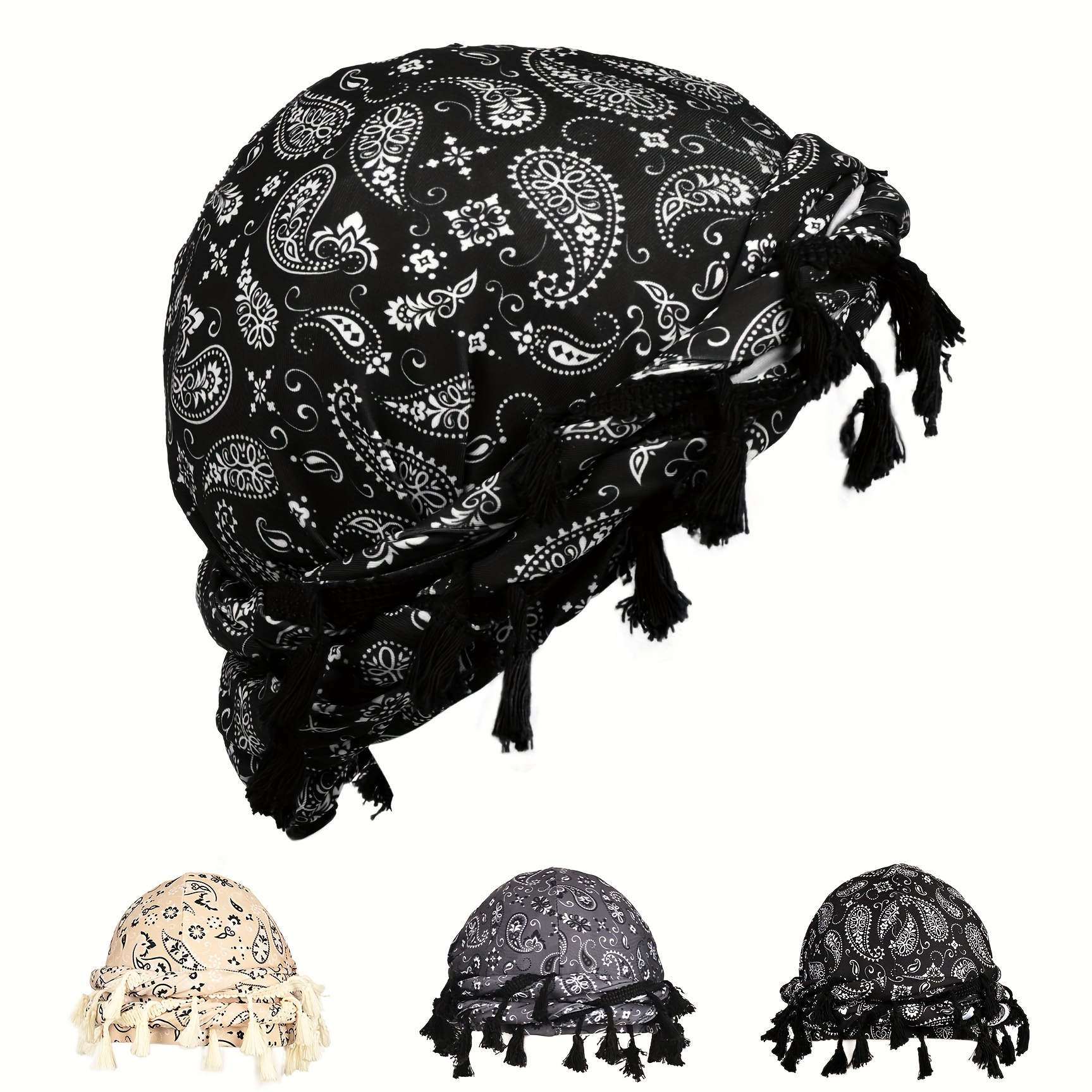 

Paisley Print Turban Hat - Unisex African Ethnic Headwear - Breathable Stretch Bag Head Hat - Arab Elastic Beanie Hat With Tassel Detail