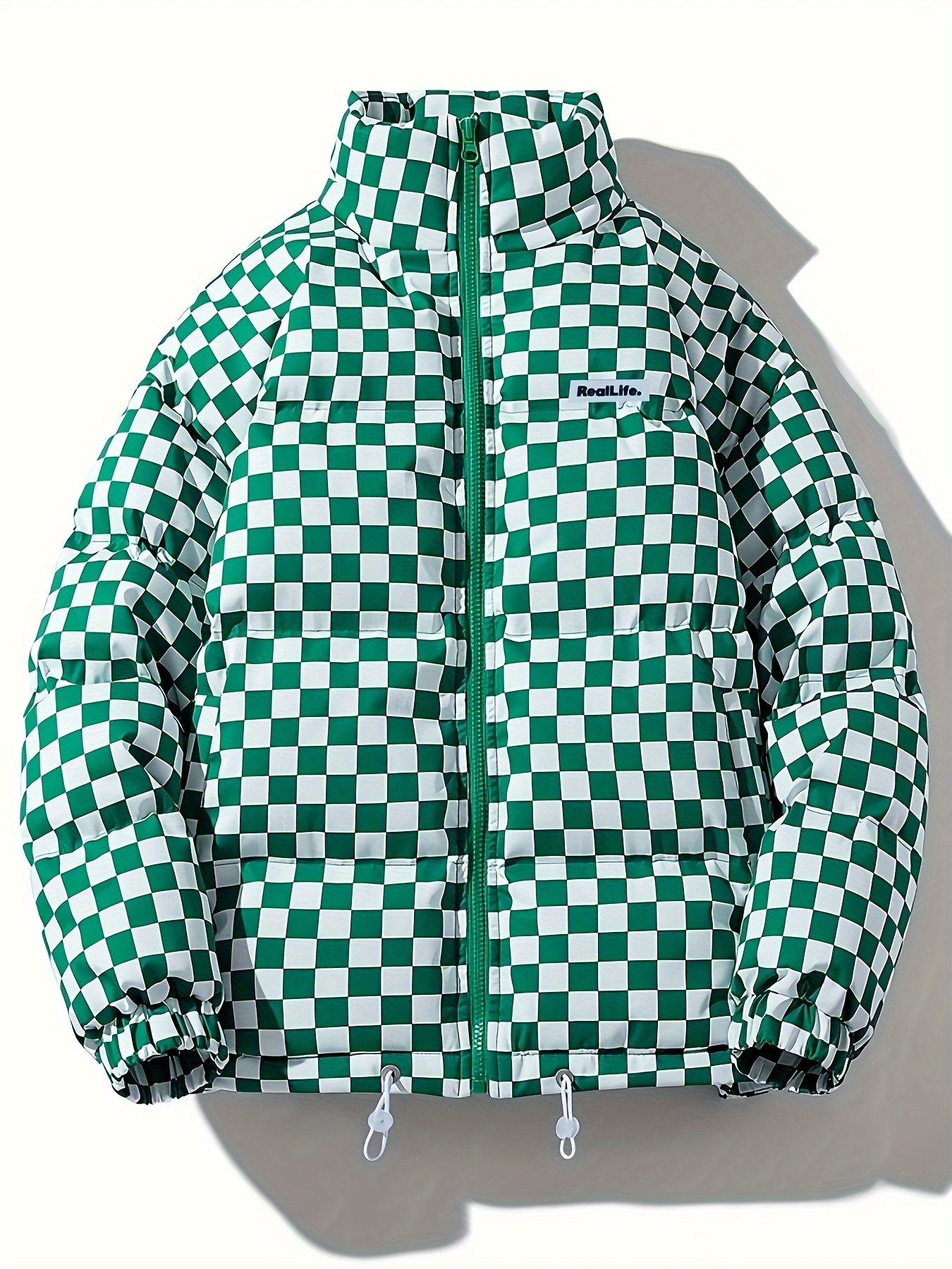 mens   white checkered quilted jacket thickened warm fleece   with stand collar zip   and drawstring waist polyester filler for casual wear winter coat 0