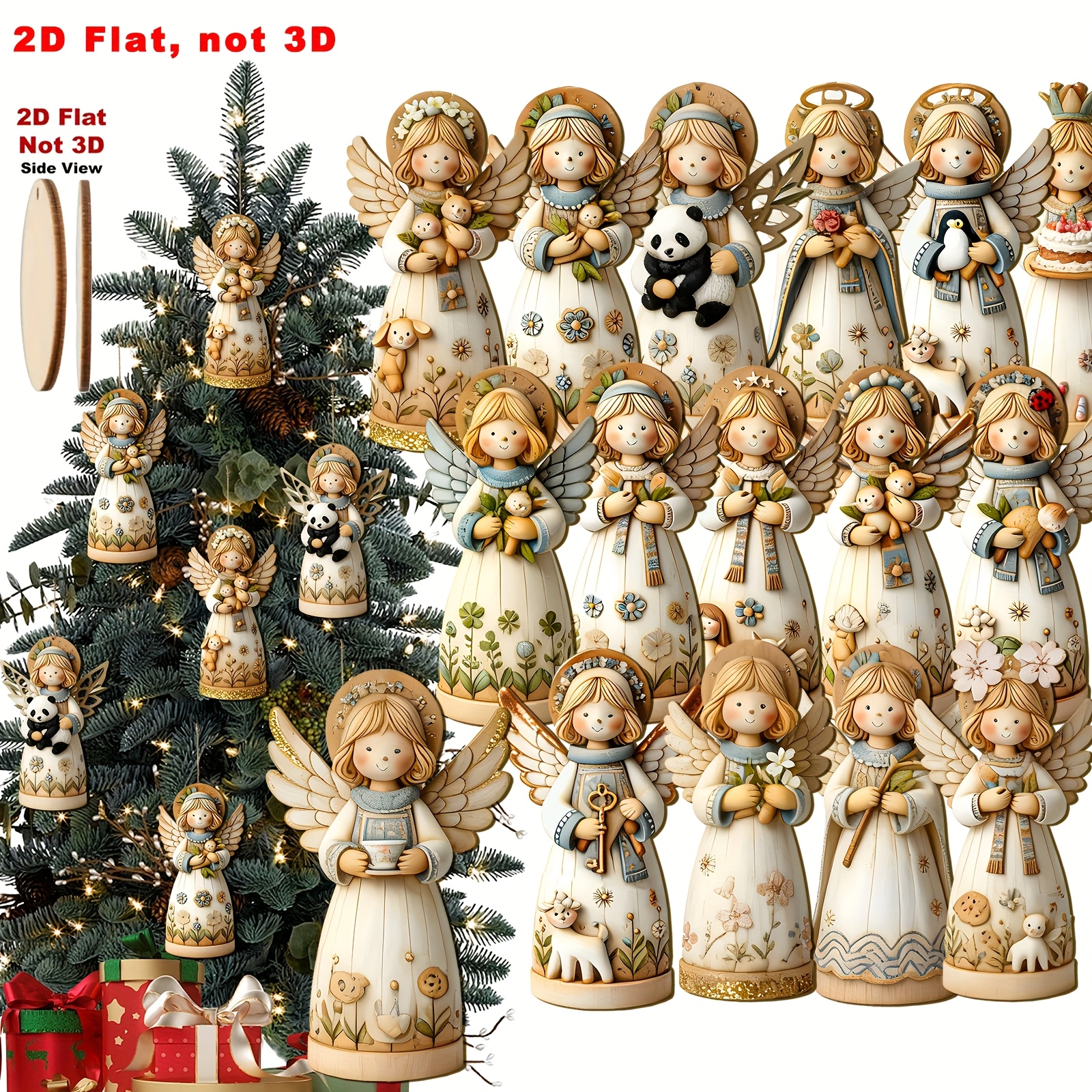 TEMU 2d Flat, 2d Flat 16pcs Set Of Adorable And Exquisite Wooden Decorative Hanging Ornaments, Featuring 16 Different Cute Designs With Beautiful