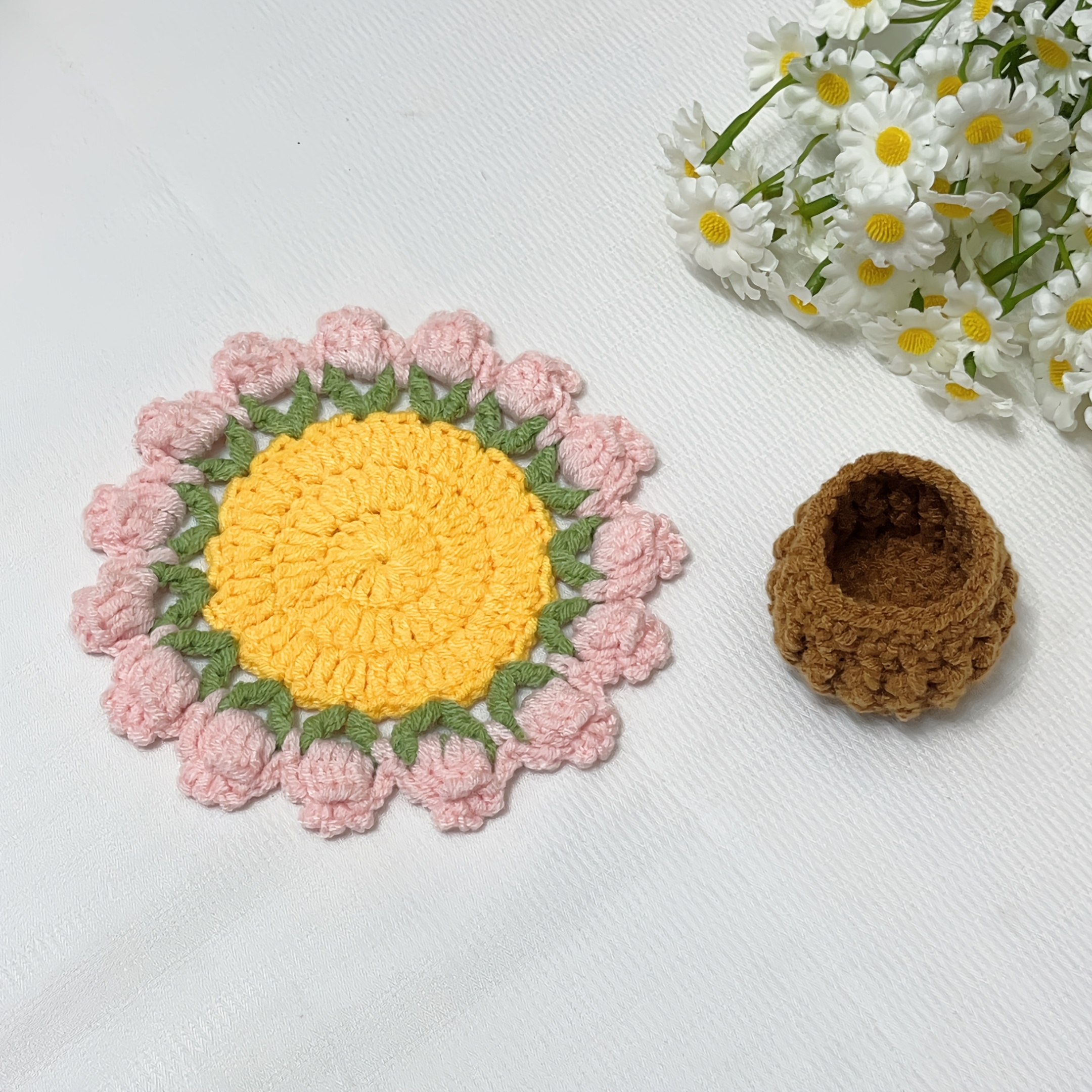 TEMU 1pc Hand Crochet Tulip Bouquet Coaster, Tulip Bouquet Coaster With Basket, Heat-resistant Mat, Desktop Ornament, Holiday Gift, Unique Decor