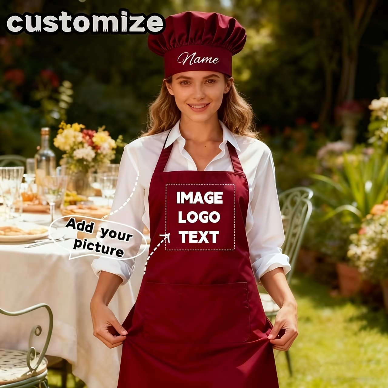 TEMU Custom Personalized Chef Hat And Apron Set-logo/name/text, Unisex Adult/cooking Garment With Pocket, Durable Chef's Garment For Restaurant,