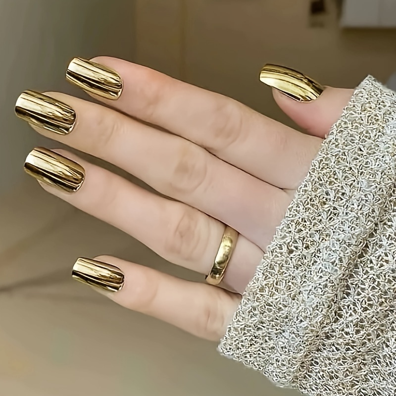 TEMU European And Electroplated Artificial Nails Finished Short Golden Wearable Patch Nail Art