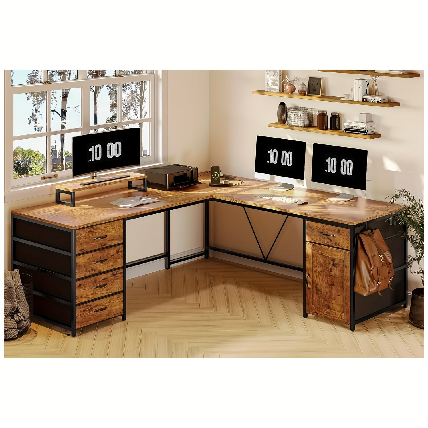 TEMU L Shaped Desk With 5 Drawer, Monitor Shelf And Storage Cabinet, 63" Computer Desk For Home Office