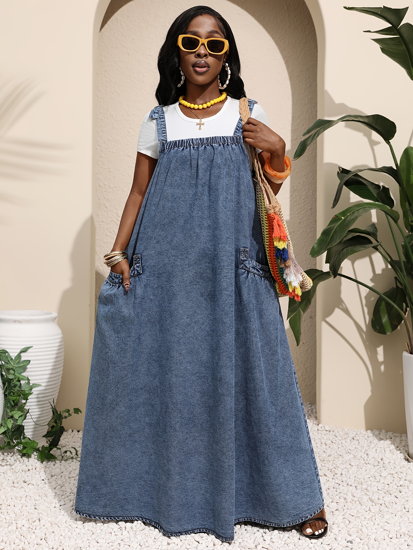 Women's Sleeveless Casual Suspender Long Denim Dress