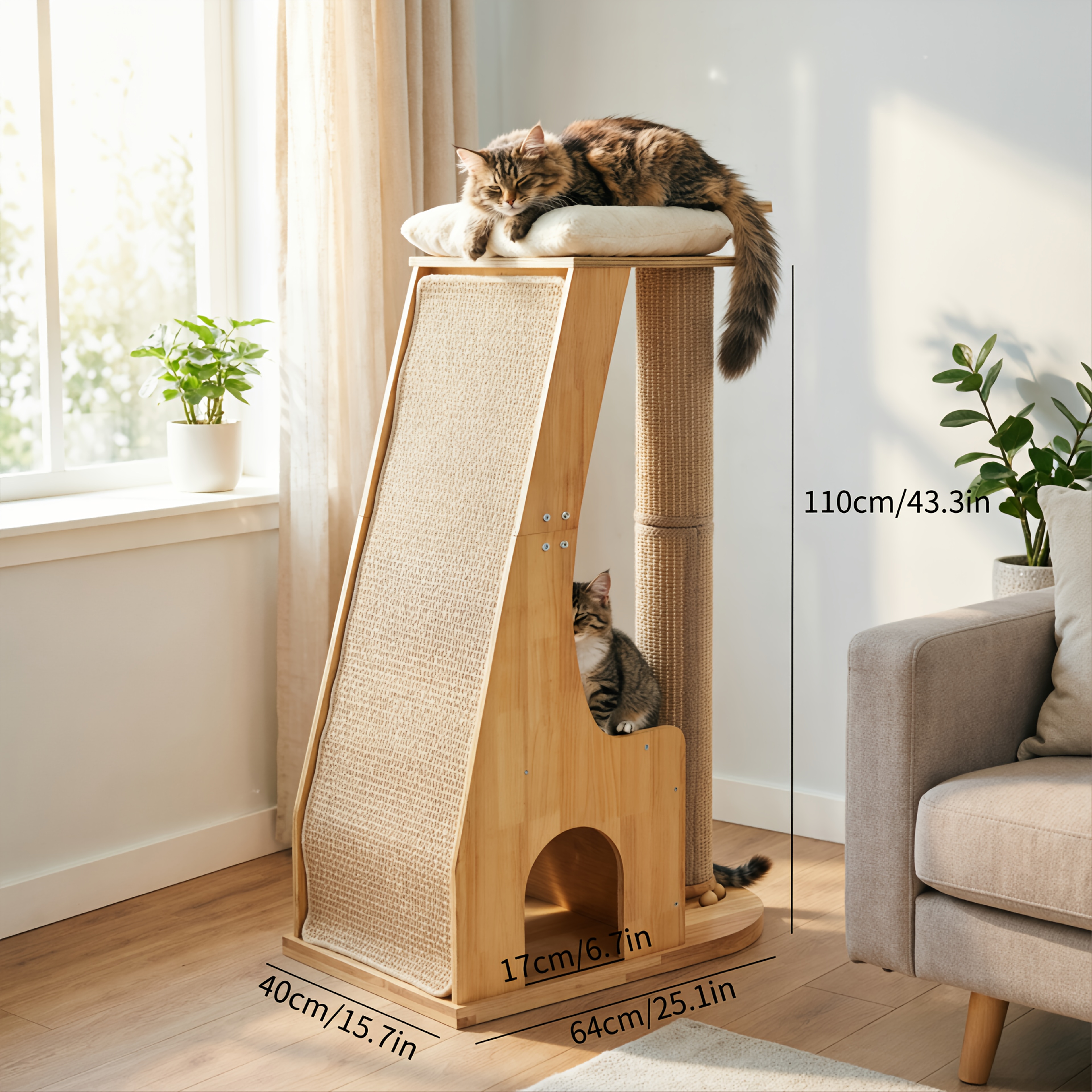 Modern Wooden Cat Tree Tower With Large Slope Scratcher, 43.3" Tall Cat Condo Furniture With Plush Perch & Hideaway Cave, Stable Sisal Scratching Post For Indoor Cats