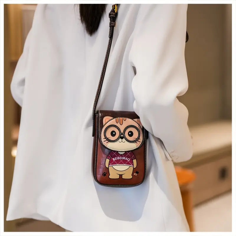 2025 mini cute cat animal print crossbody bag for women - adjustable strap, snap closure, nylon lining, olive brown/beige/pink - compact phone purse, mini purse, casual accessory, design, stylish , small handbag, casual wear, women s accessory, trendy accessory, durable material, women s handbag, details 4