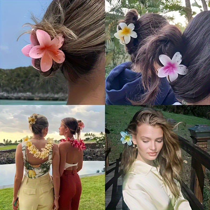 

7pcs Hawaiian Flower Hair Claw Clips Set - Plastic Elegant Sweet Floral Shape Non-slip Large Shark Clips For Thick Hair - Stylish Hair Accessories For Women Aged 14+, With Color Matching Design