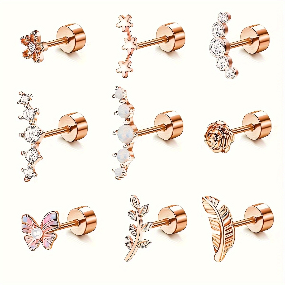 

9pcs Elegant & Sexy Cartilage Stud Earrings Set For Women, Surgical Steel Flat Back, Featuring Opal, Butterfly, Flower Designs & Cz Embellishments, Versatile Tragus Helix Piercing Jewelry