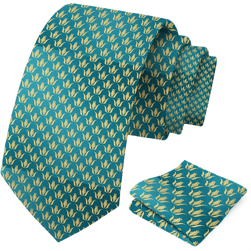 TEMU 2pcs Men' Luxurious Tulip Pattern Tie & Pocket Square Matching Set - Elegant Tie Suitable For Wedding Best, Business Events, Formal Parties -
