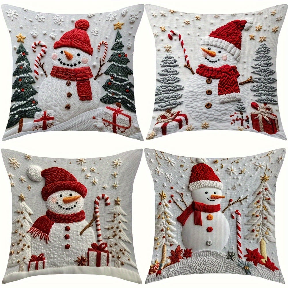 

4pcs 3d Snowman Christmas Cushion Covers, Double- , Zippered Polyester Pillowcases, , , Decor, 18x18 - Inserts Not Included