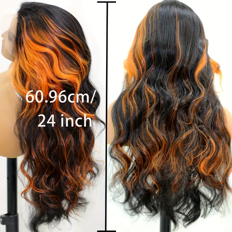 synthetic 13 4 1 lace wigs orange black highlight body wavy wig lace front wig skunk stripe long curly wigs for woman heat resistant synthetic wigs daily party cosplay use details 3