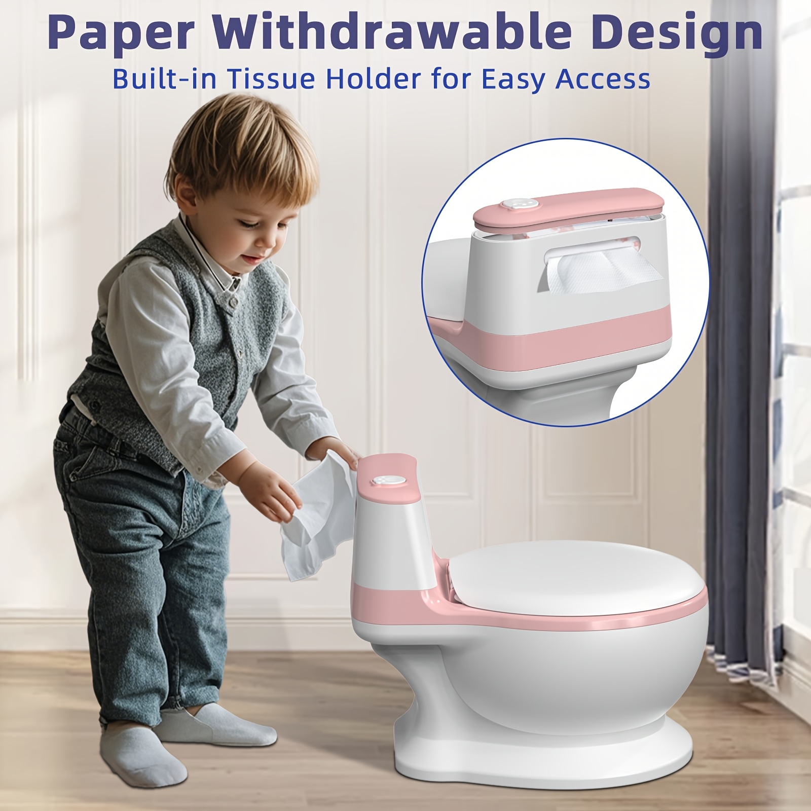 Veliki WC za djecu s dječjim WC sjedalom i poklopcem - Realistični WC za dječake i djevojčice, mekani i izdržljivi plastični WC za samostalno učenje korištenja WC-a, roza/za dječake i djevojčice 3+ godine