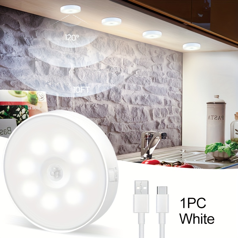 E-shop 8LED Smart LED Licht mit Bewegungssensor, Runde Wiederaufladbare Nachtlicht mit Bewegungssensor, Weiß/Warmweiß Puck Lichter, Treppenbeleuchtung