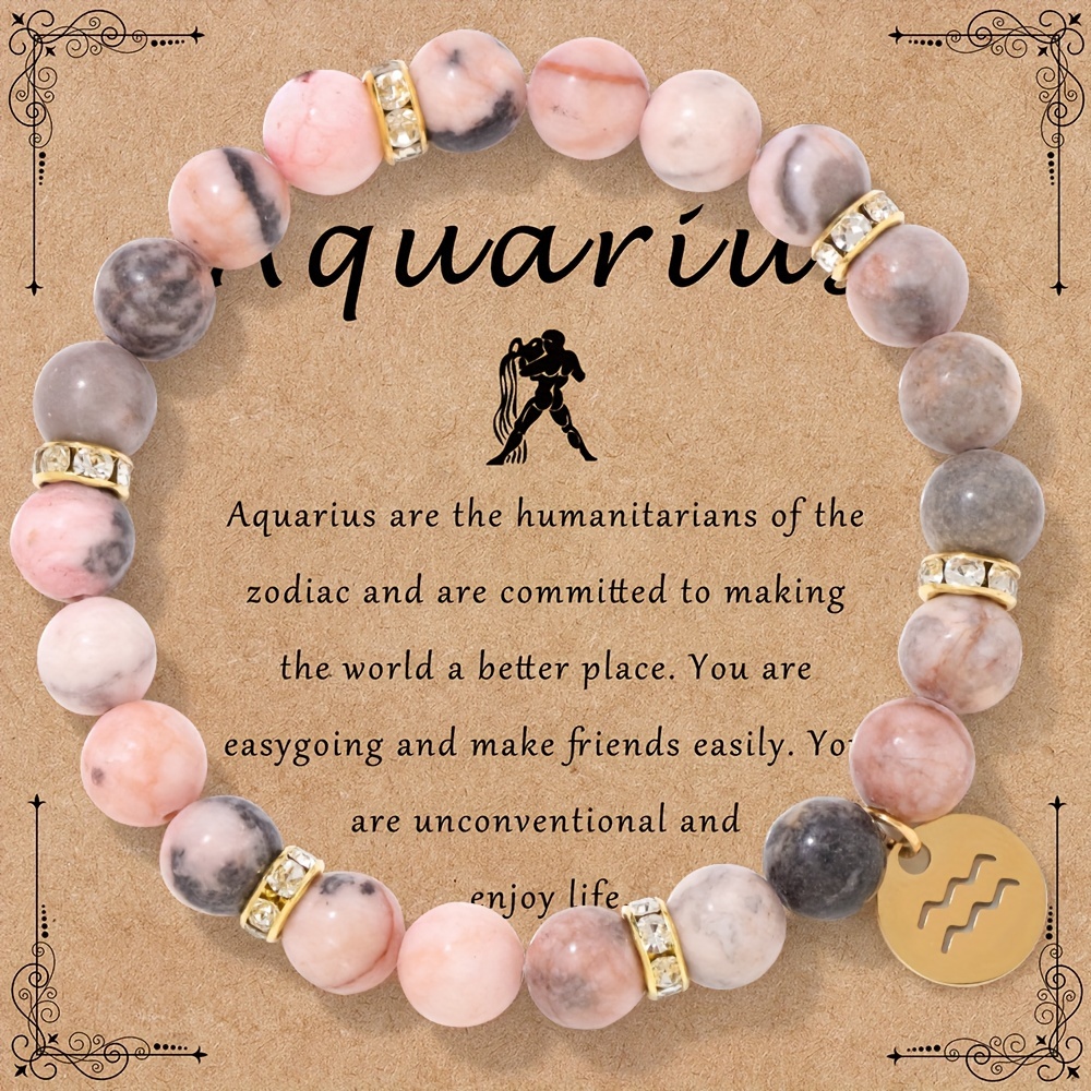 

New European And American Natural Stone Twelve Constellations Beaded Bracelet For Women And Men - Pink Zebra Stone Beaded Elastic Rope Couple Bracelet - Casual, Gift, Birthday Commemorative