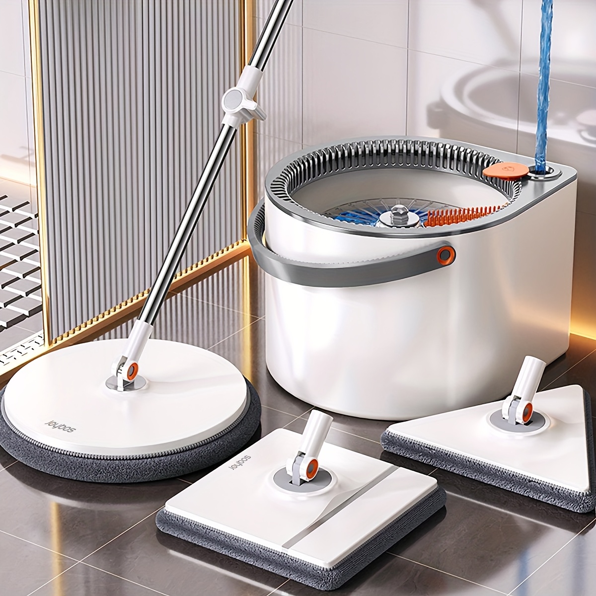 TEMU Spin Mop And Bucket Cleaning System With Self-cleaning, Quick-dry Microfiber Pads - Dual Compartment Bucket, 3 Mop Heads (1 Square And 1 Round
