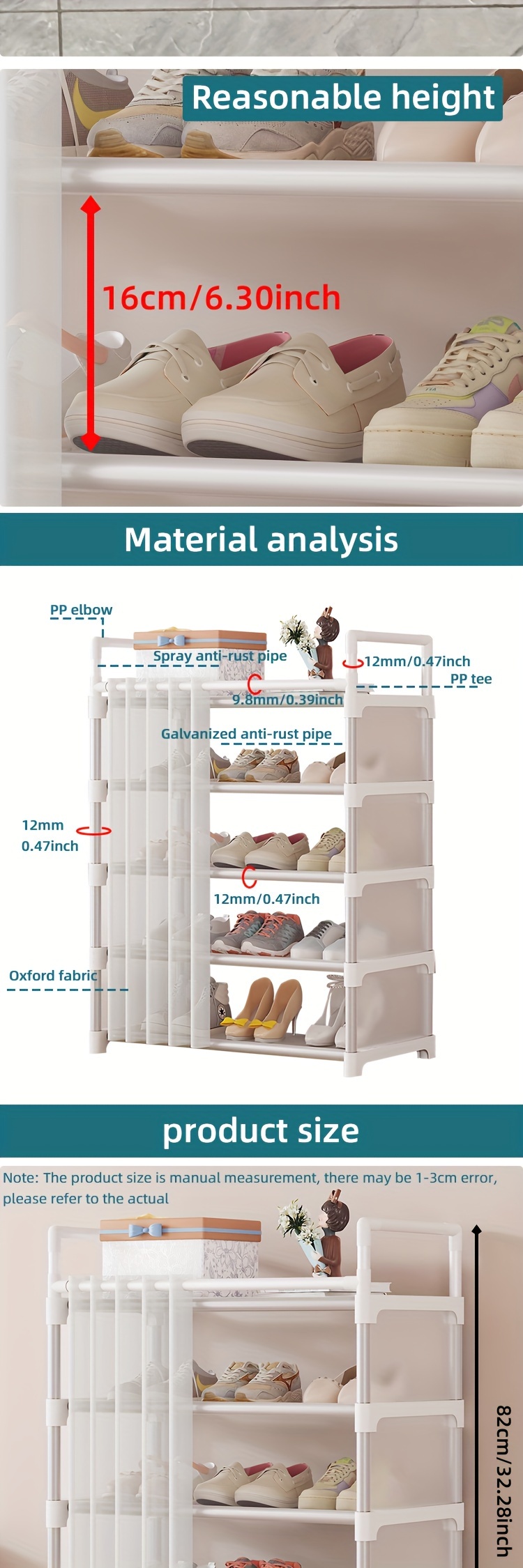 1pc 5 layers storage rack sturdy metal assembly shoe rack with door curtain dustproof shoe cabinet simple shoe rack living room entrance bedroom dorm accessories   and storage supplies details 2