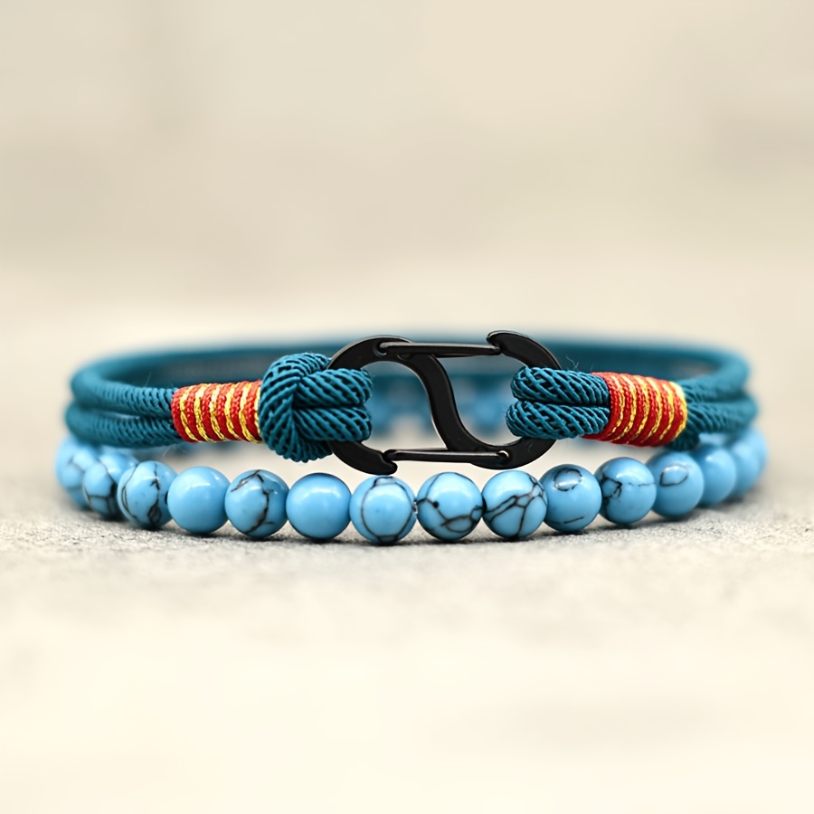 2pcs Set Of Personalized Minimalist Woven Bangle Bangle Bracelet 3mm Nylon Rope Hand Rope With Natural Beaded Bangle Bangle Bracelet Suitable For Men's Jewelry Bangle Bangle Bracelet Set