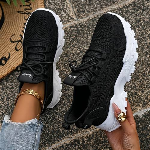zapatillas de punto transpirables para mujer con gruesa - zapatillas de cordones de ancho ancho adecuadas para tenis, caminar y uso casual, acolchada y plantilla de pvc - acolchada, color liso (zapatillas de tenis/caminar)