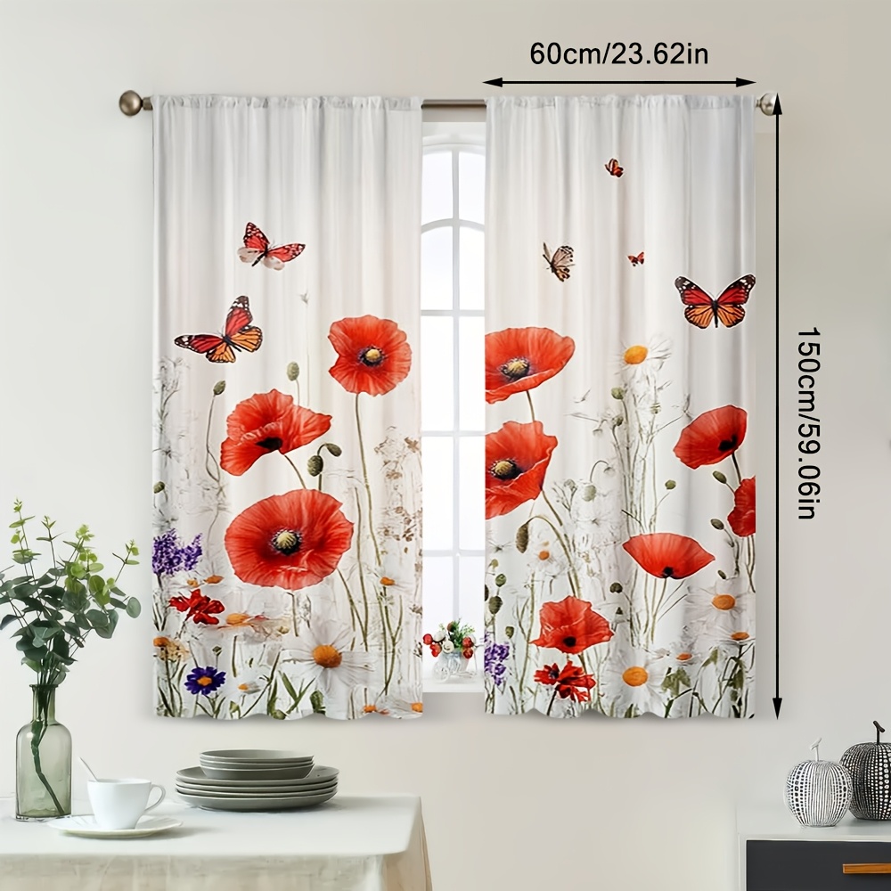 TEMU 2pcs Red Flower Printed Semi-sheer Curtain Panel With Rod Pocket Top For Easy Hanging, Bringing A And Relaxation To Any Room For Bedroom, Living