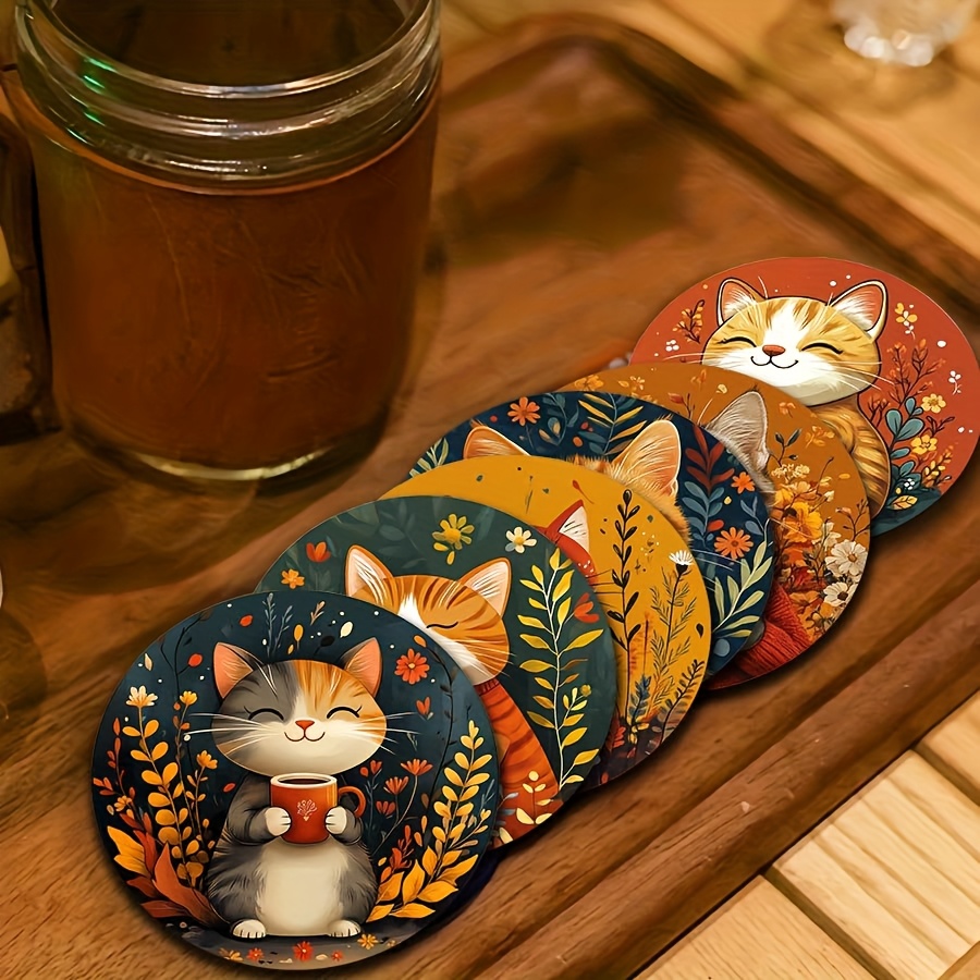 6pcs Garden Fantasy Cat Holding Cup Wooden Coasters Set - Colorful, Decor Drink Mats, Heat Resistant And Non-slip, Coffee Tables, Bars, And Glassware, Ideal Holiday Gift