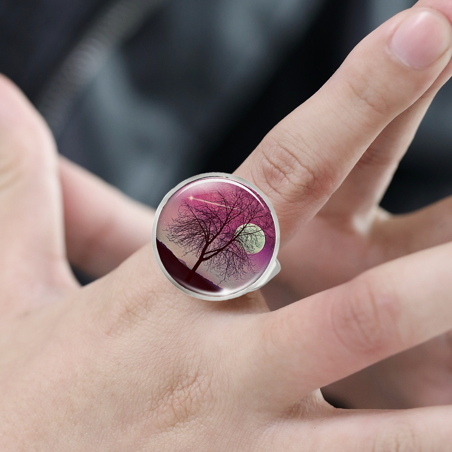 Unisex Adjustable Iron Alloy Ring with Serene Tree & Moon Design