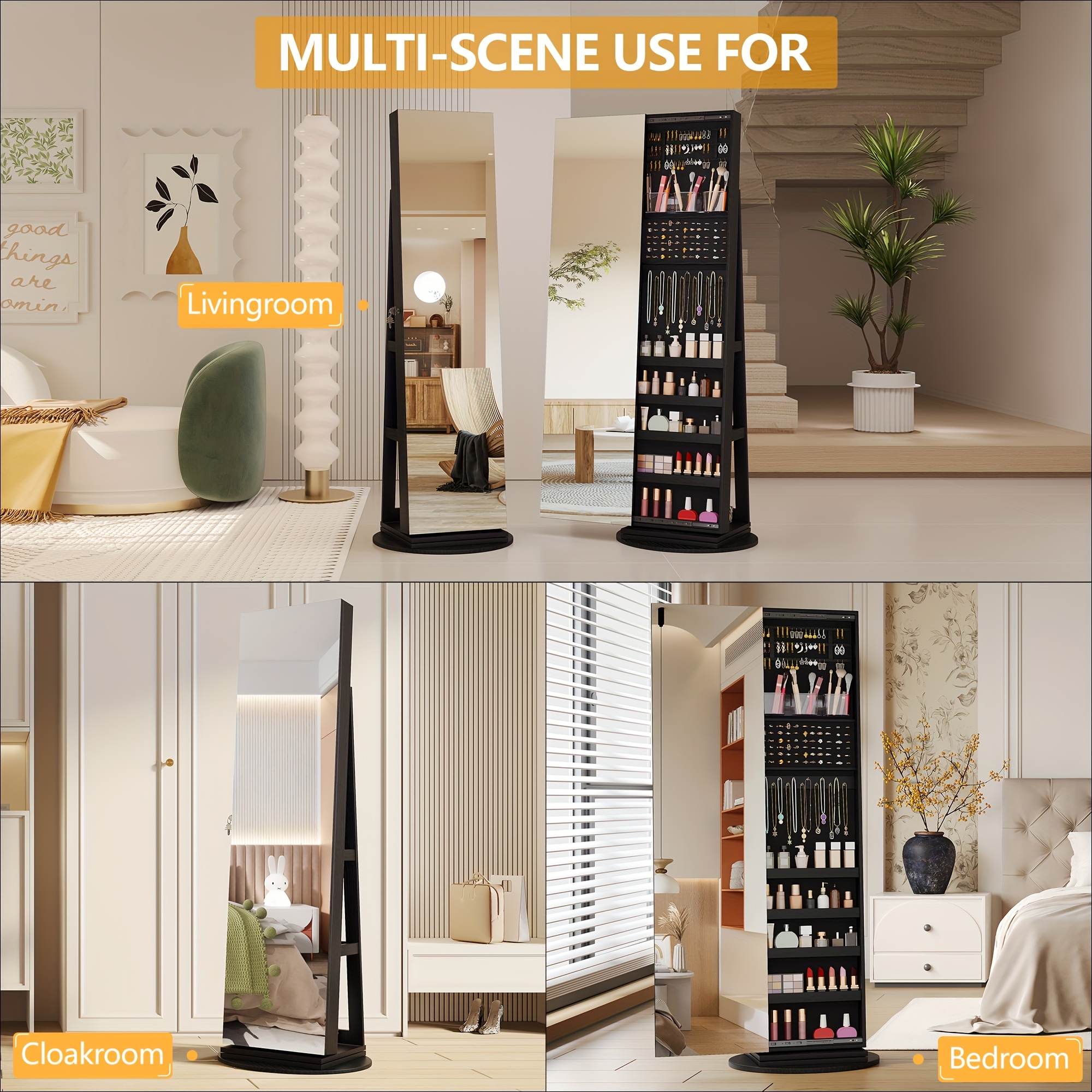 hwb 360 rotating jewelry   with lights lockable   jewelry cabinet standing full length   with jewelry storage large jewelry   organizer wheels foldable makeup shelf Product details 3