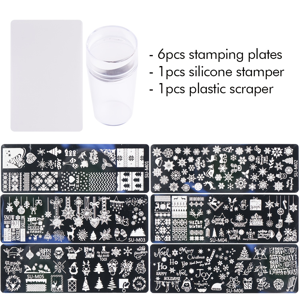 Image of 6pcs Winter Christmas Snowflake Deer Nail Plates Kits With Stamper Scraper Christmas Festive Nails Manicure Stamp Stencil Tools