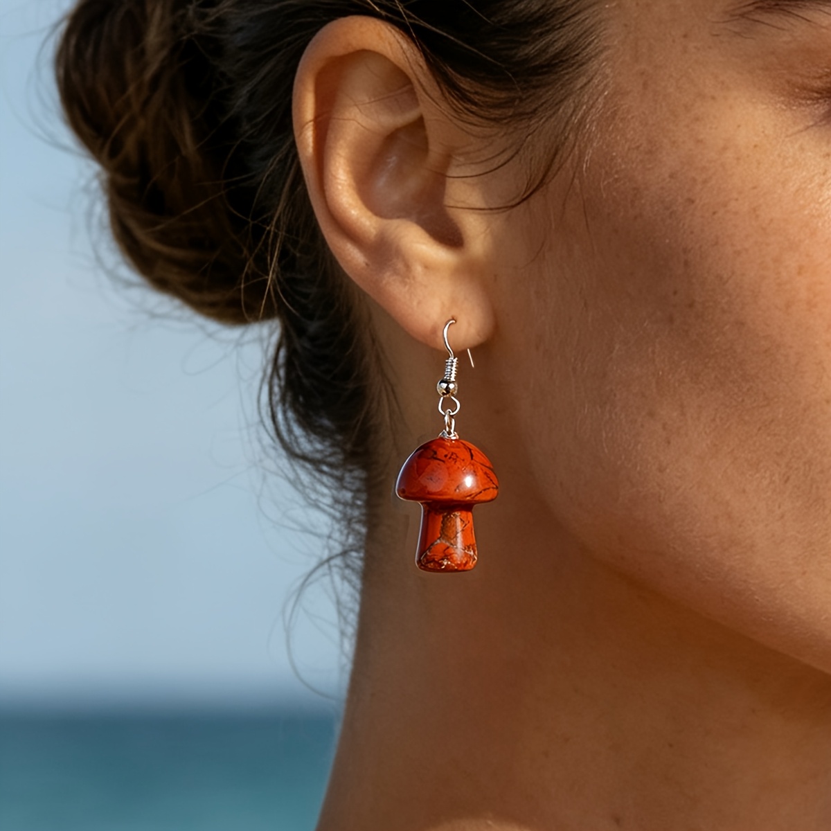 Women's Red Jasper Mushroom Earrings, Bohemian Vintage Style