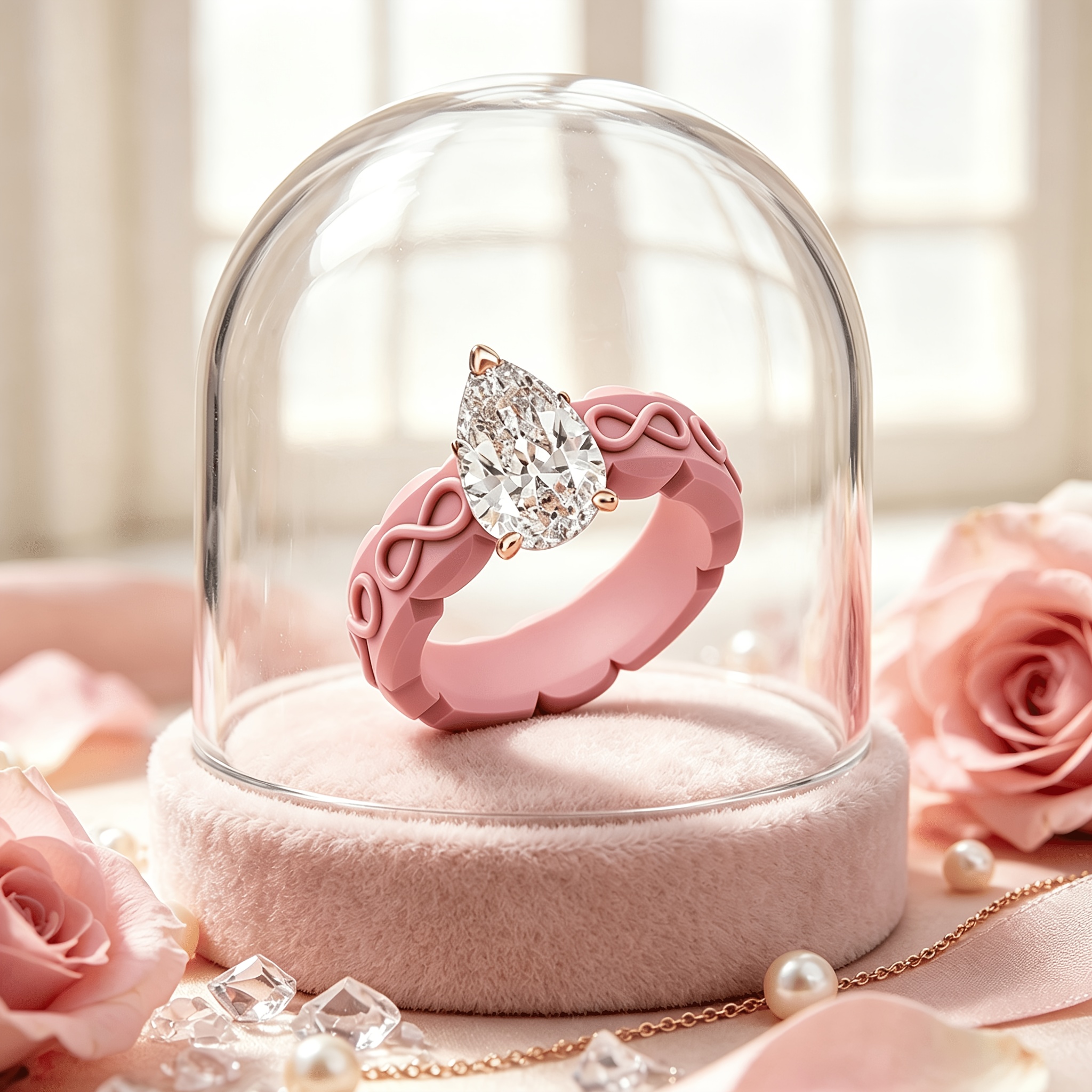 Pink Teardrop-Shaped Zirconia Silicone Ring, Anniversary Gift