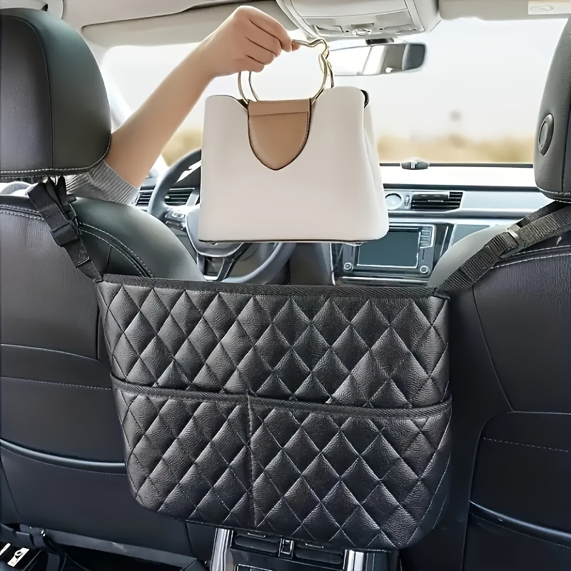 

[compact Size] Luxury Pu Leather Car Armrest Organizer With Dual Pockets - Compact Storage Box For Vehicle Interior, Quilted Design, , Car Storage